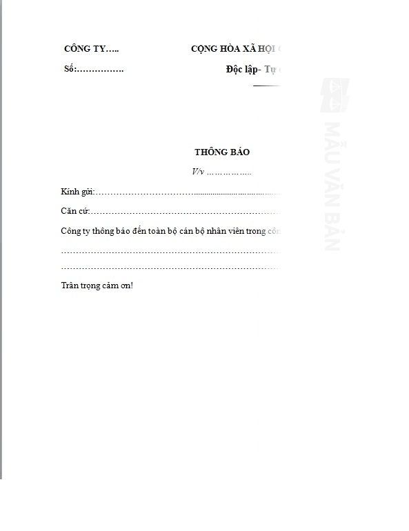 Mẫu văn bản thông báo của công ty
