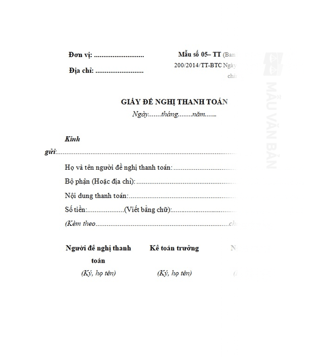 Mẫu Giấy đề nghị thanh toán 