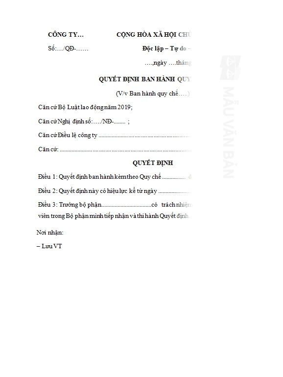 Mẫu quy chế công ty TNHH