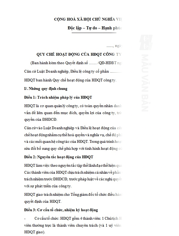 Mẫu quy chế nội bộ về quản trị công ty