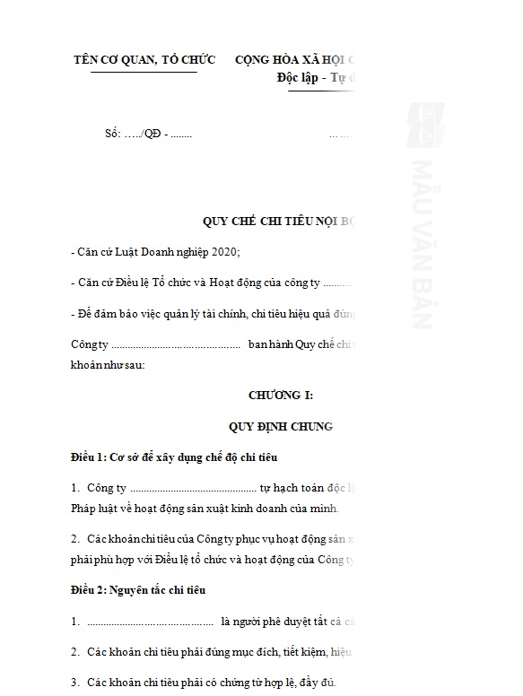Mẫu quy chế chi tiêu nội bộ của doanh nghiệp