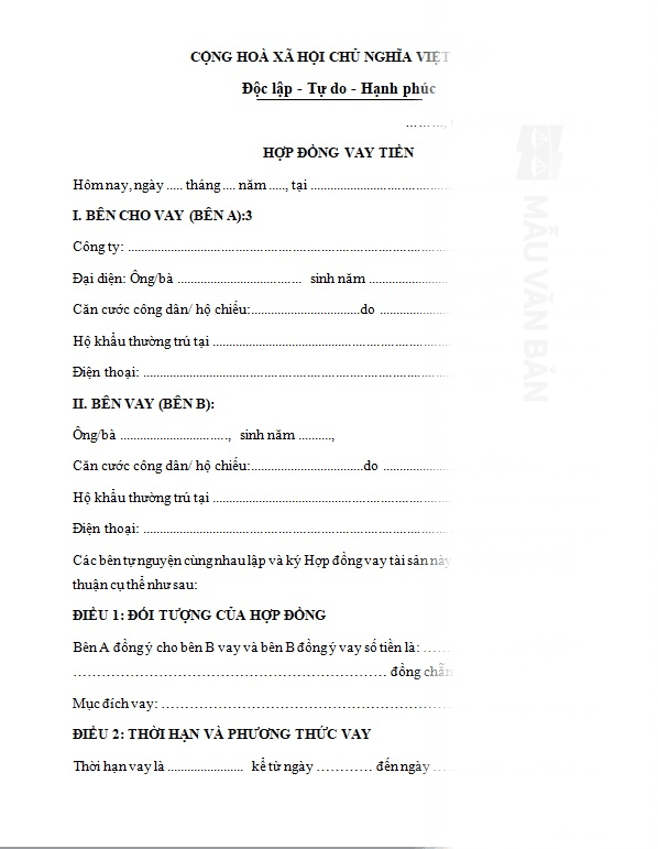Mẫu hợp đồng vay vốn cá nhân với công ty