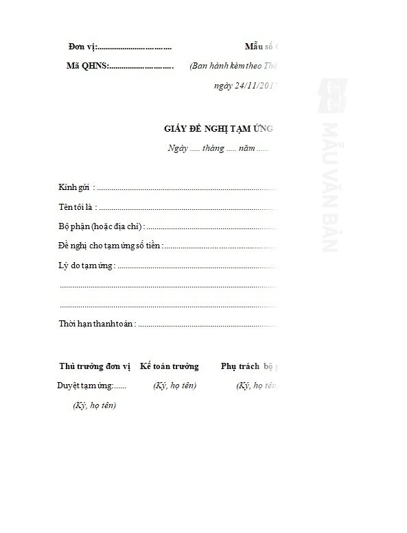 Giấy đề nghị tạm ứng
