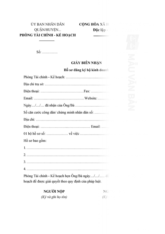 Giấy biên nhận hồ sơ đăng ký hộ kinh doanh