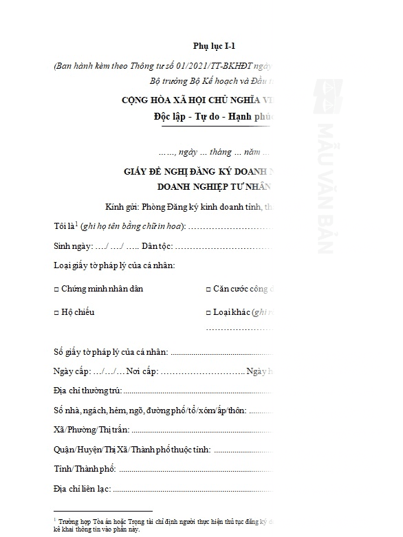Giấy đề nghị thành lập doanh nghiệp