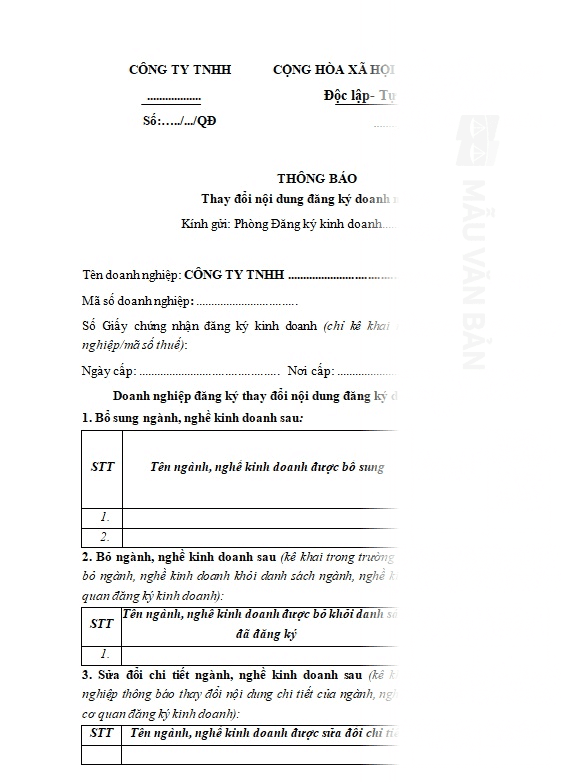 Mẫu thông báo bổ sung ngành nghề kinh doanh