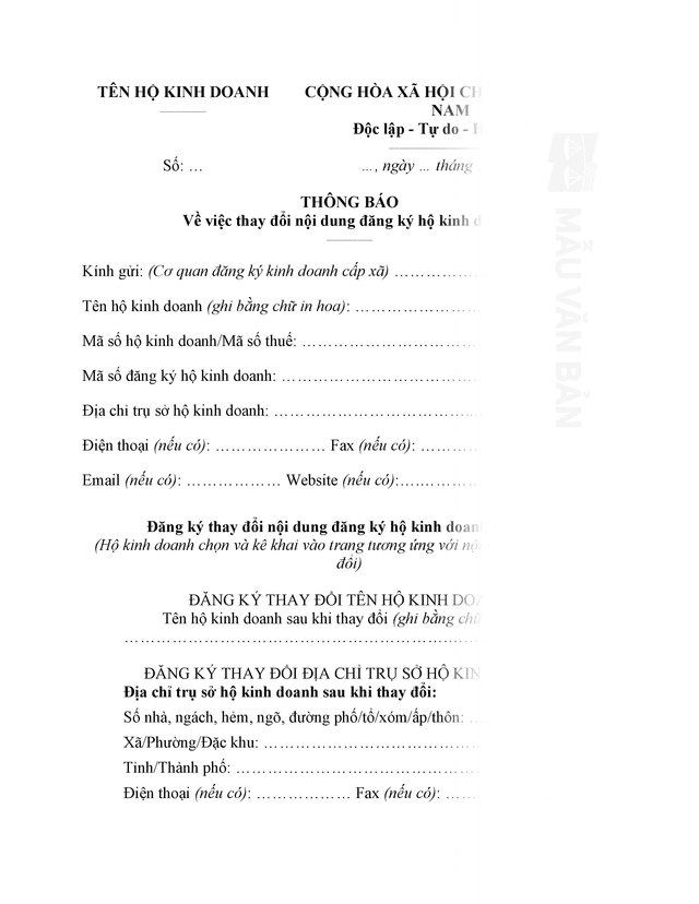 Thông báo thay đổi tên hộ kinh doanh