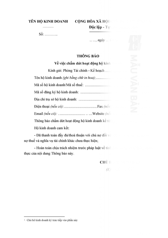 Thông báo chấm dứt hoạt động hộ kinh doanh
