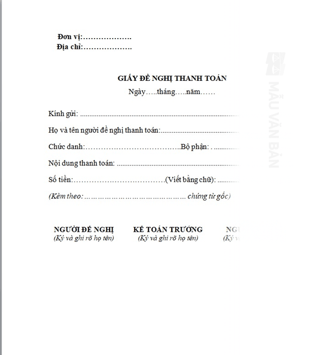 Đơn đề nghị thanh toán