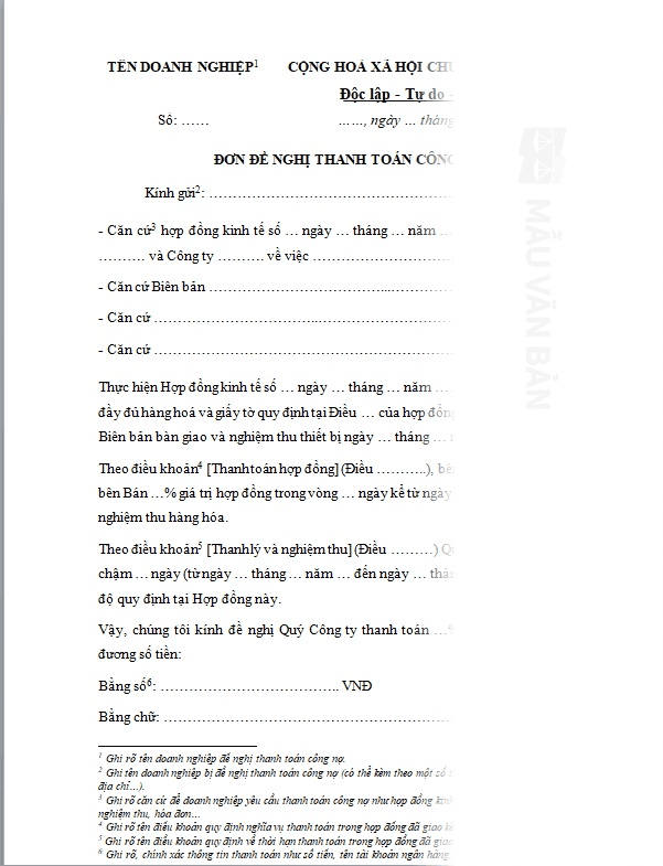Đơn đề nghị thanh toán công nợ
