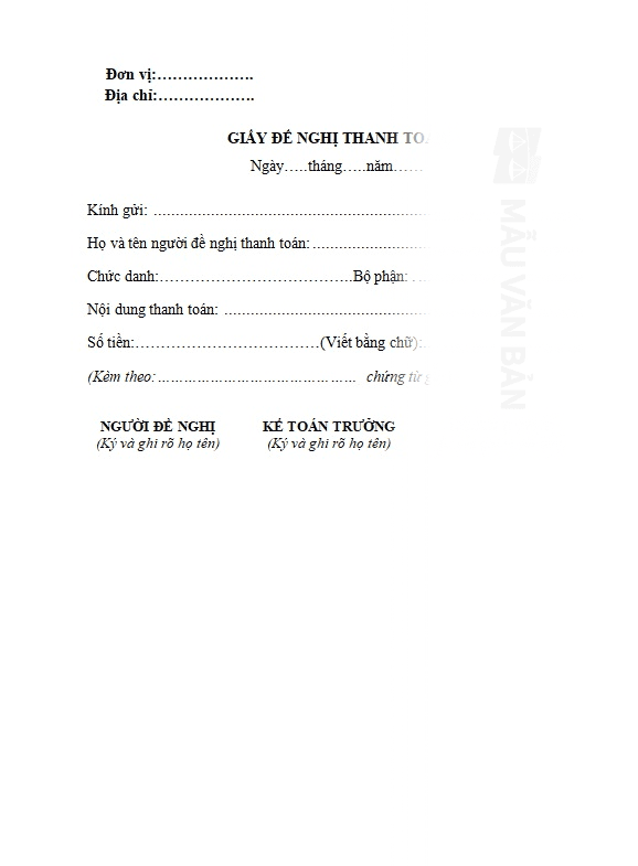 Đơn đề nghị thanh toán tiền