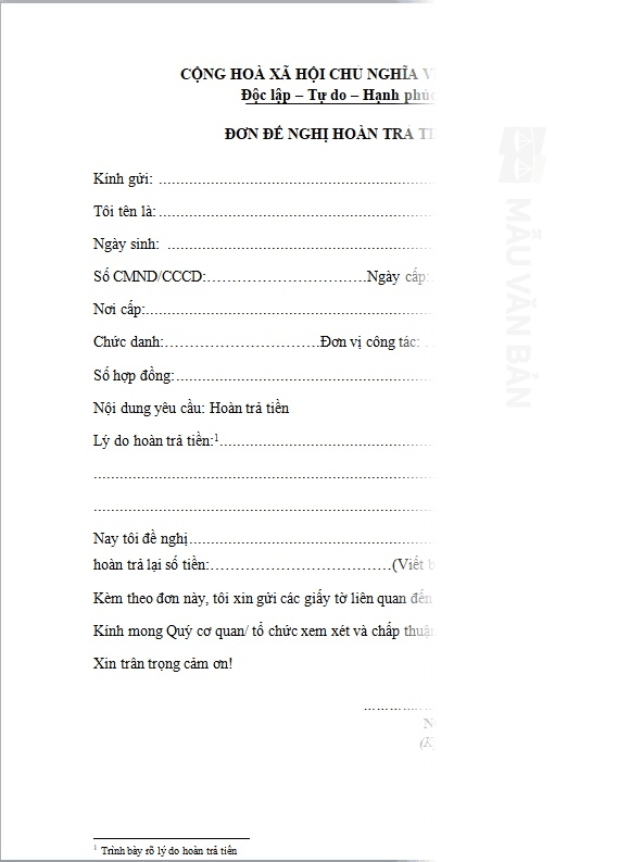 Đơn xin hoàn tiền