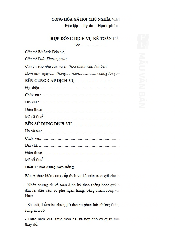 Mẫu hợp đồng dịch vụ kế toán cá nhân