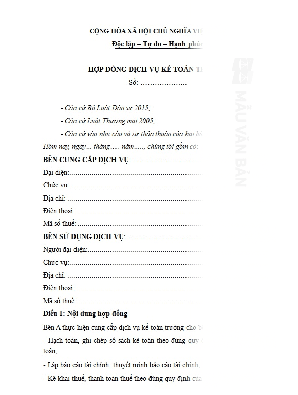 Mẫu hợp đồng thuê dịch vụ làm kế toán trưởng