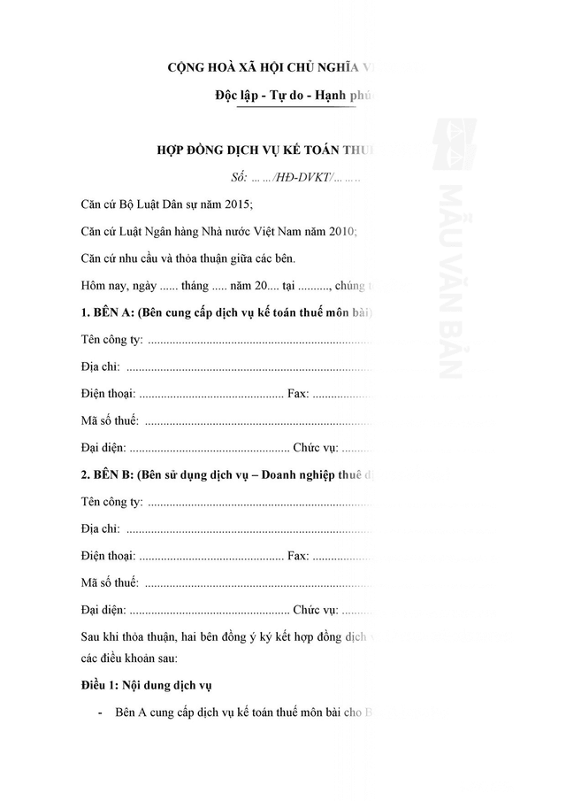 Hợp đồng dịch vụ kế toán thuế môn bài