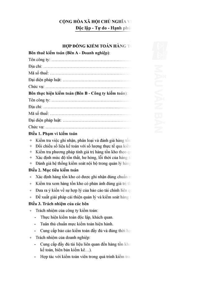 Hợp đồng kiểm toán hàng tồn kho