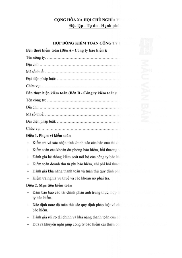 Hợp đồng kiểm toán bảo hiểm