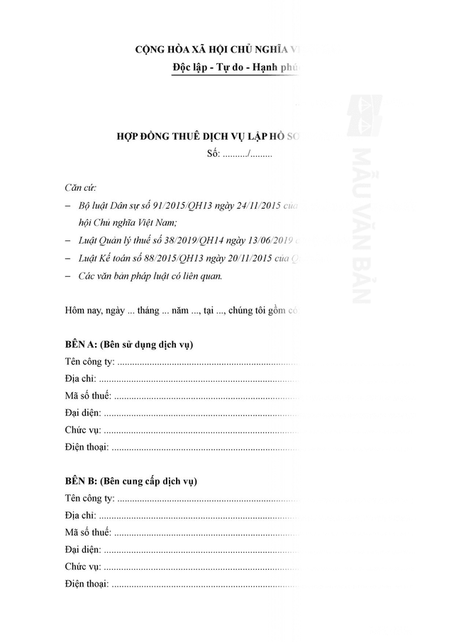 HỢP ĐỒNG THUÊ DỊCH VỤ LẬP HỒ SƠ HOÀN THUẾ