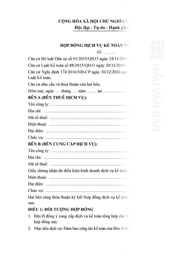 Hợp đồng dịch vụ kế toán tổng hợp