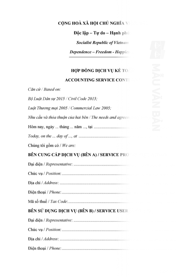 Hợp đồng dịch vụ kế toán song ngữ