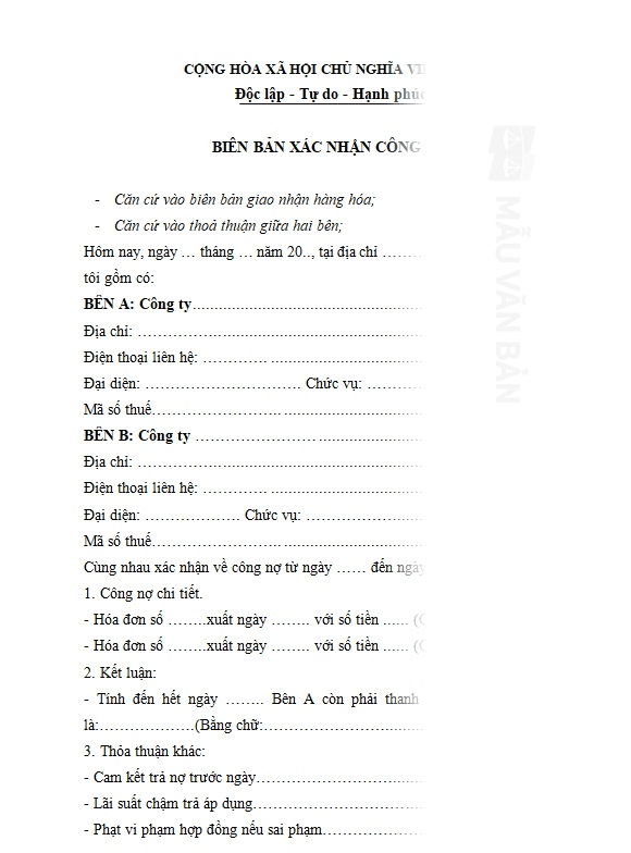 Biên bản xác nhận công nợ