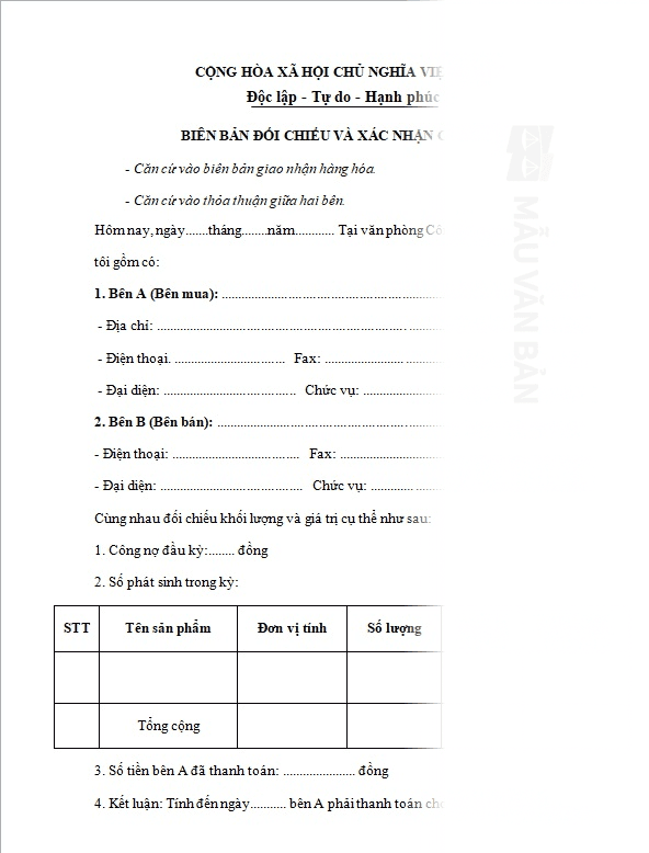 Biên bản đối chiếu và xác nhận công nợ