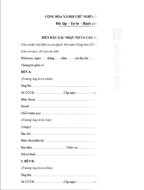 Biên bản xác nhận nợ và cam kết thanh toán