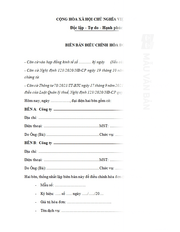 Biên bản điều chỉnh hóa đơn sai thuế suất