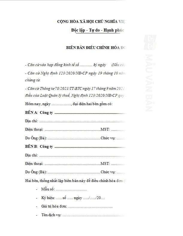 Biên bản điều chỉnh hóa đơn sai số tiền
