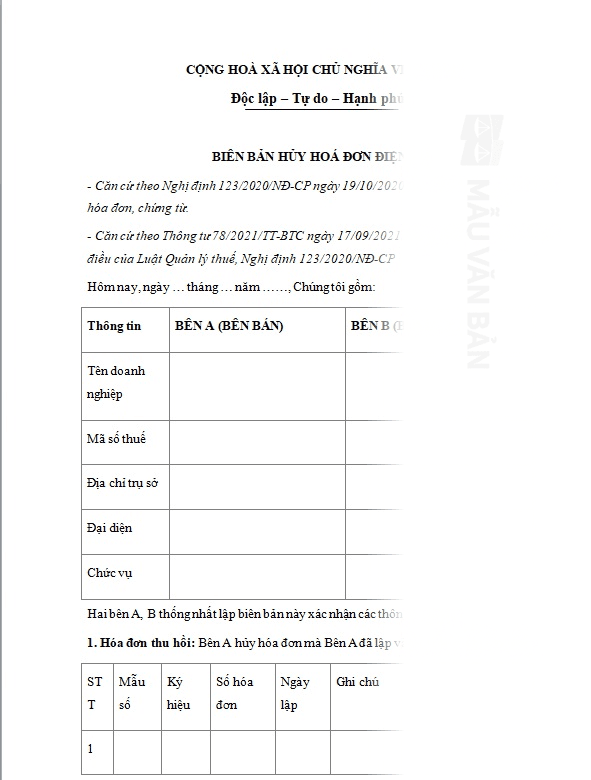 Mẫu Biên bản hủy hóa đơn