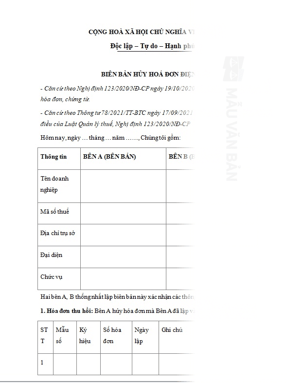 Biên bản hủy hóa đơn điện tử