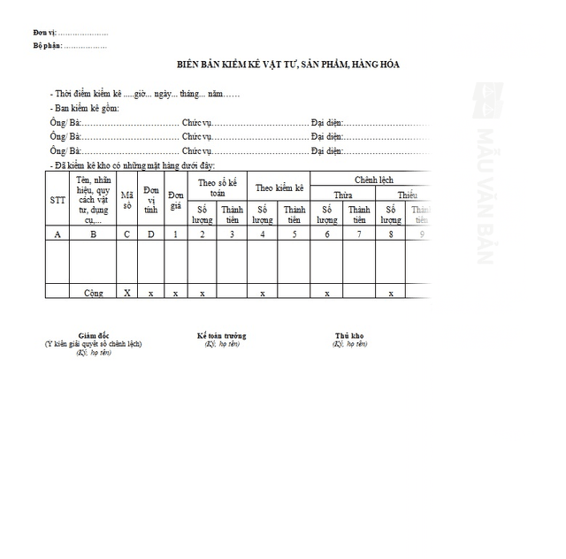 Mẫu Biên bản kiểm kê hàng tồn kho
