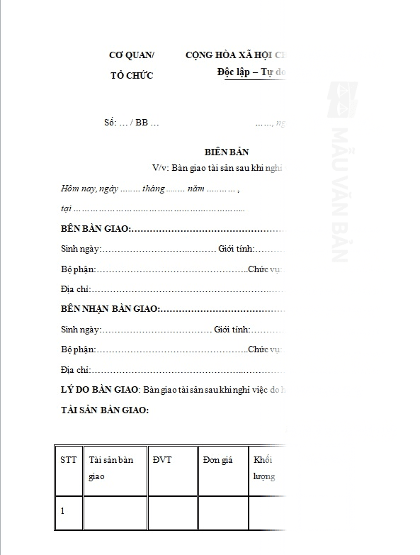 Biên bản giao tài sản khi nghỉ việc