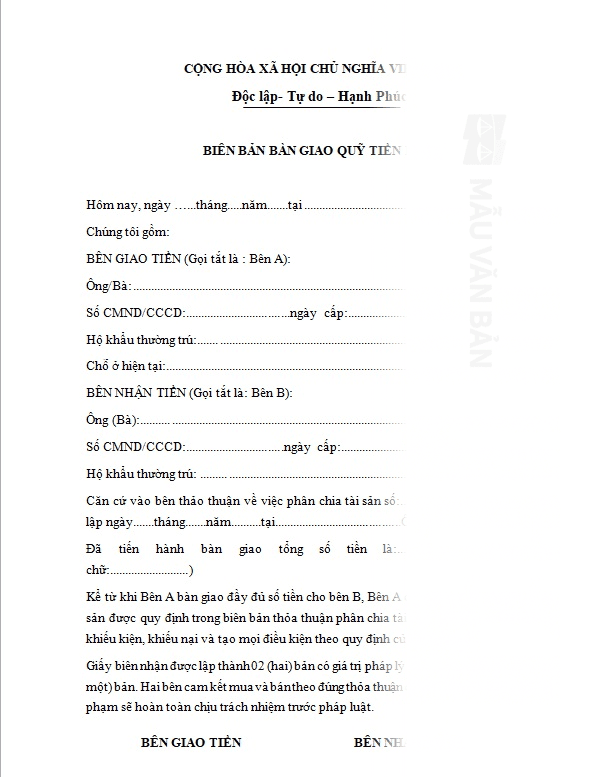 Mẫu Biên bản bàn giao quỹ tiền mặt