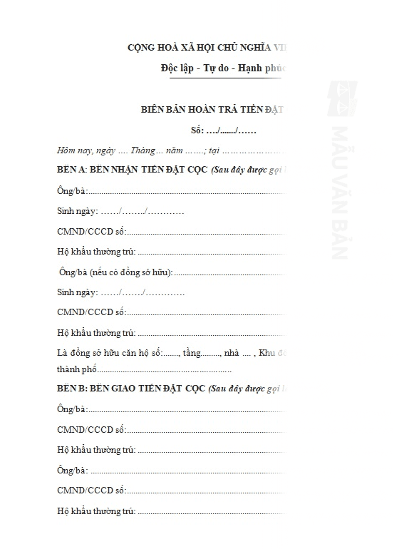 Mẫu biên bản hoàn trả tiền đặt cọc