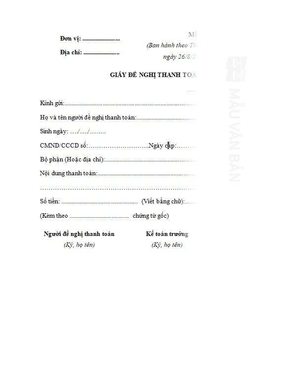 Biên bản đề nghị thanh toán