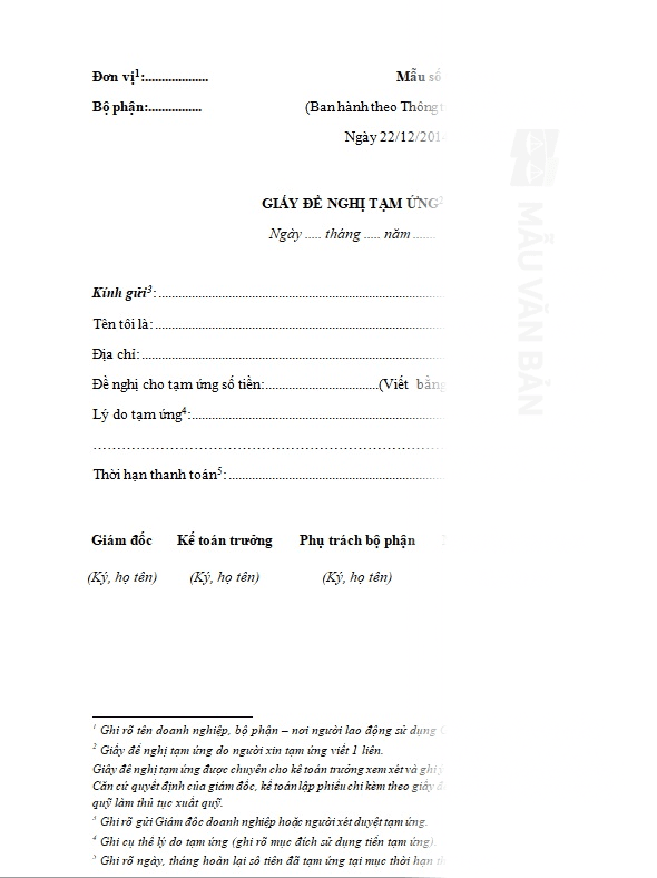 Mẫu đề nghị hoàn ứng