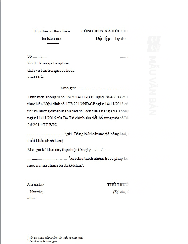 Mẫu kê khai giá