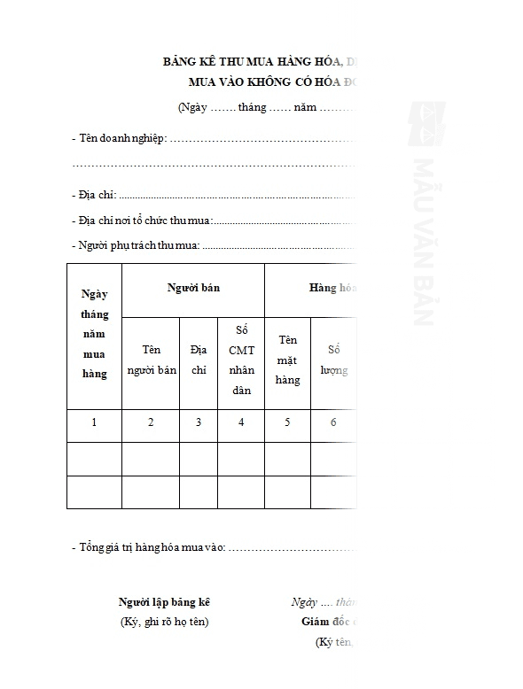 Bảng kê mua hàng không hóa đơn