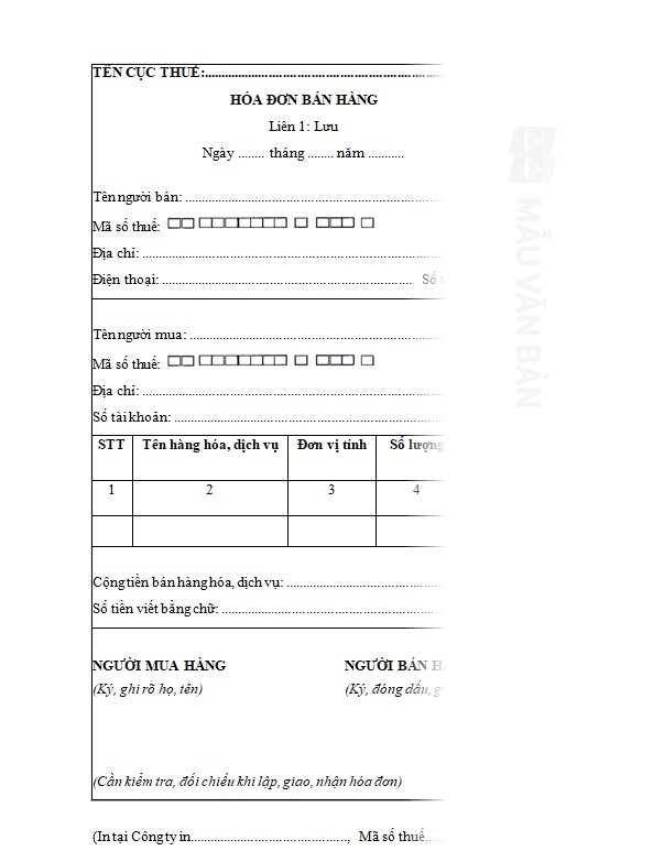 Mẫu phiếu bán hàng