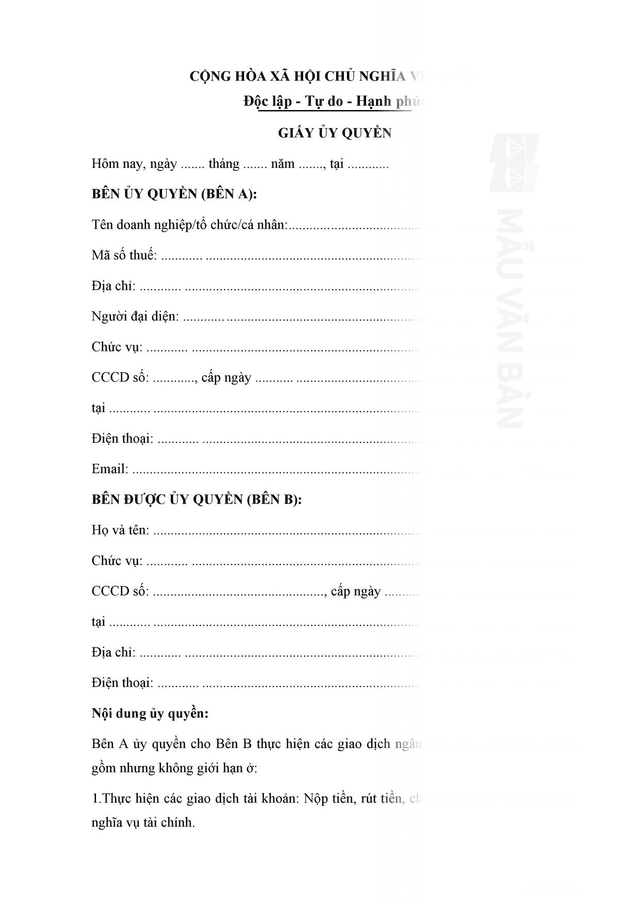 Giấy ủy quyền giao dịch ngân hàng