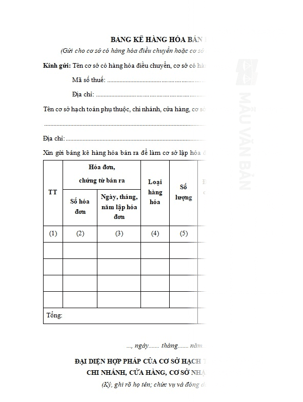 Mẫu bảng kê bán ra