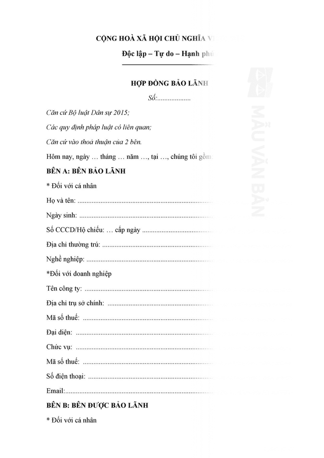 Hợp đồng bảo lãnh vay vốn ngân hàng