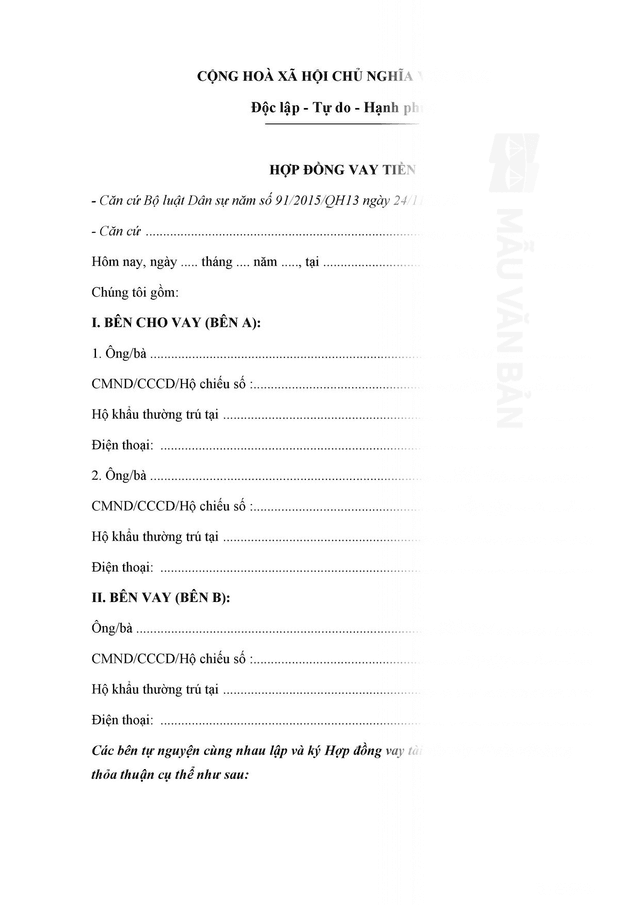 Hợp đồng vay tiền cá nhân với cá nhân