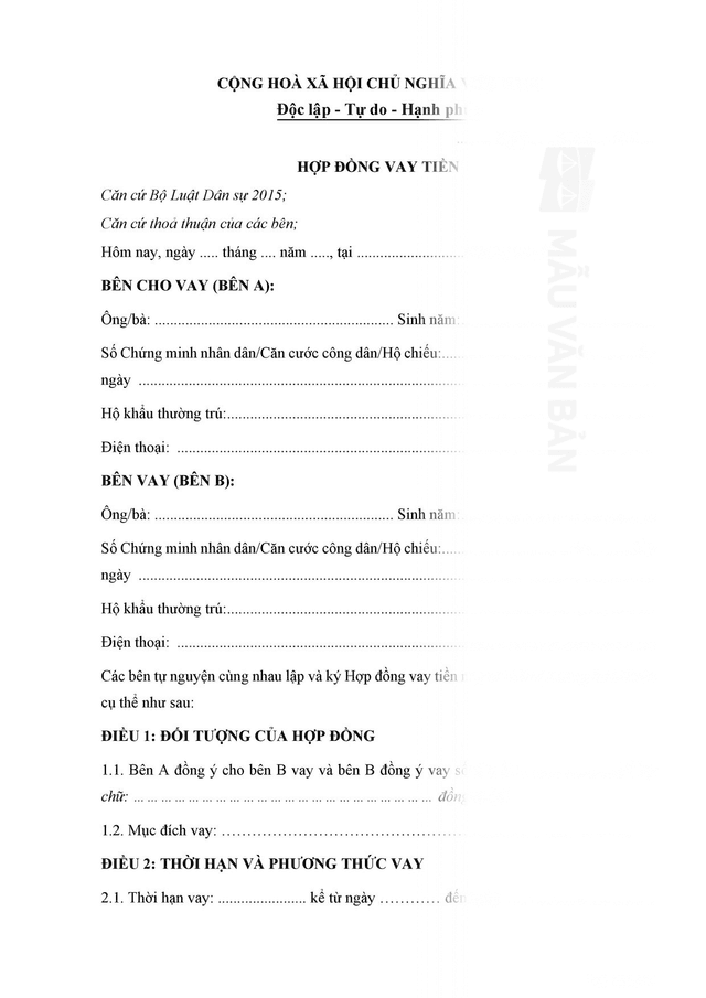 Hợp đồng mượn tiền cá nhân