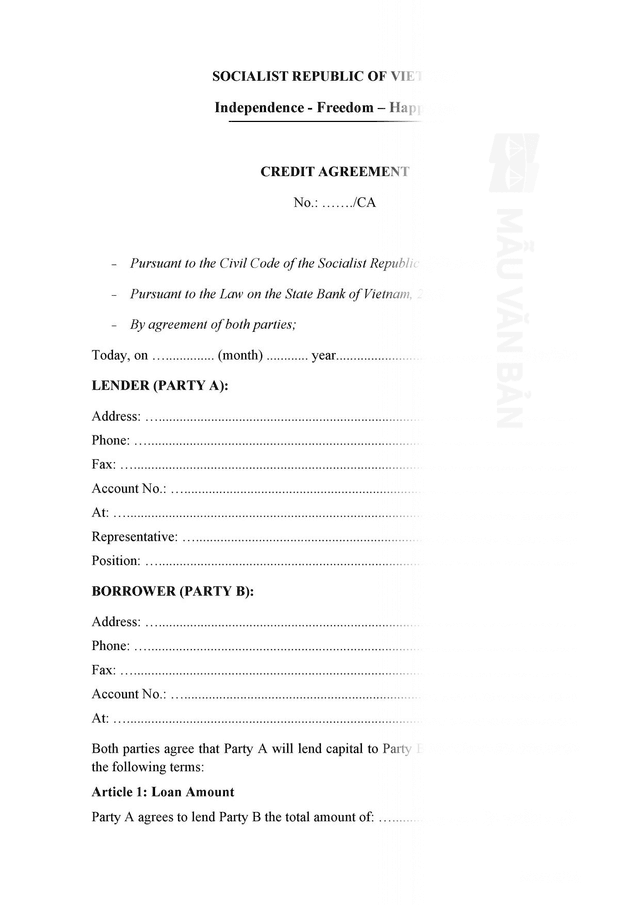 Hợp đồng tín dụng tiếng anh