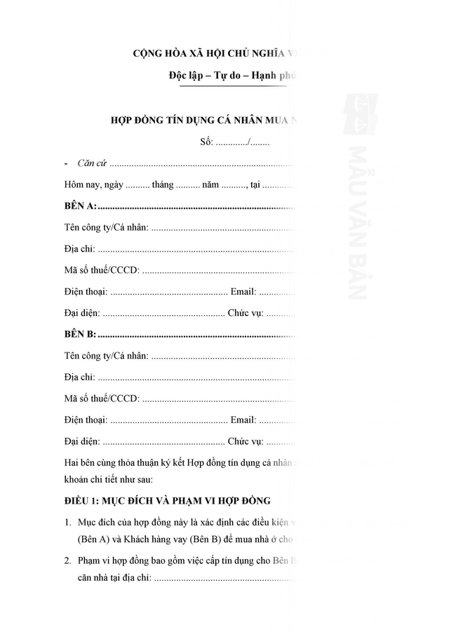 Hợp đồng tín dụng cá nhân mua nhà trả góp
