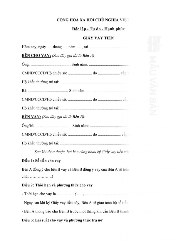 Mẫu Biên bản giấy vay tiền