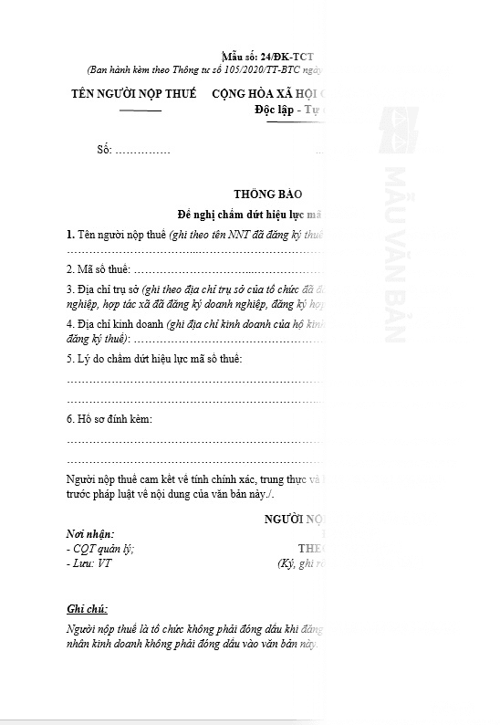 Văn bản đề nghị chấm dứt hiệu lực mã số thuế