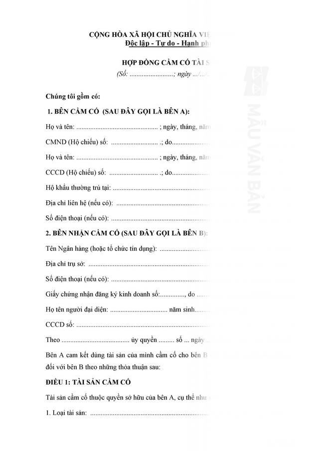 Hợp đồng cầm cố tài sản 